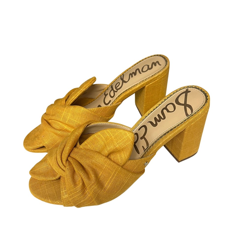 Sam Edelman Oda Mustard Yellow Knotted Fabric Block Heel Slide Sandals 10M